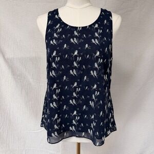 Cabi #3447 Women Blue Parakeet Love Birds Layered Blue Zip Sheer Tank Top  Small